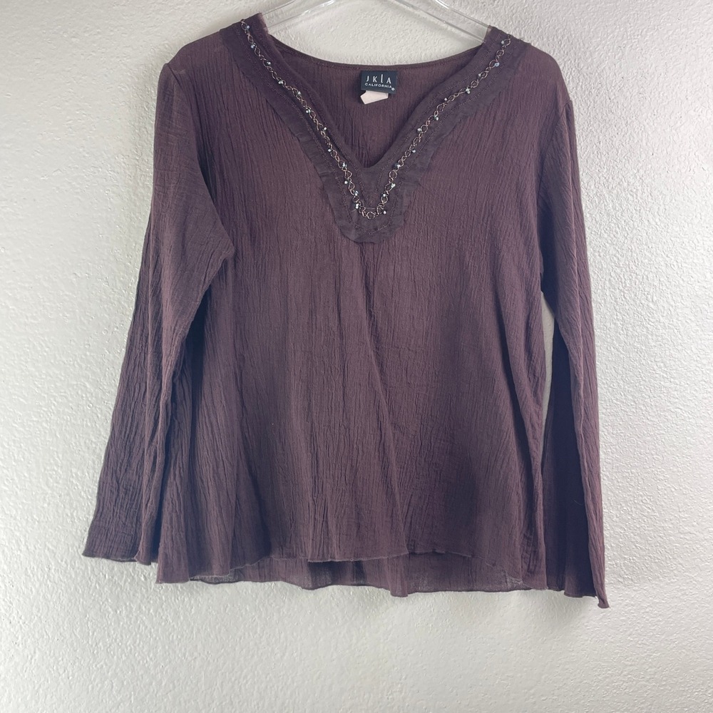 JKLA California Womens‎ Medium Brown Cotton Crinkle Gauze Beaded V-Neck Top Boho